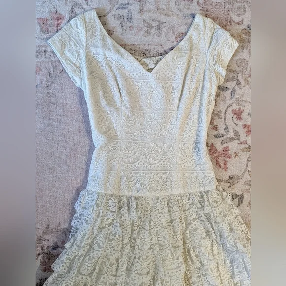 Vintage white lace dress 50s 60s ruffled wedding dropwaist - Picture 6 of 10